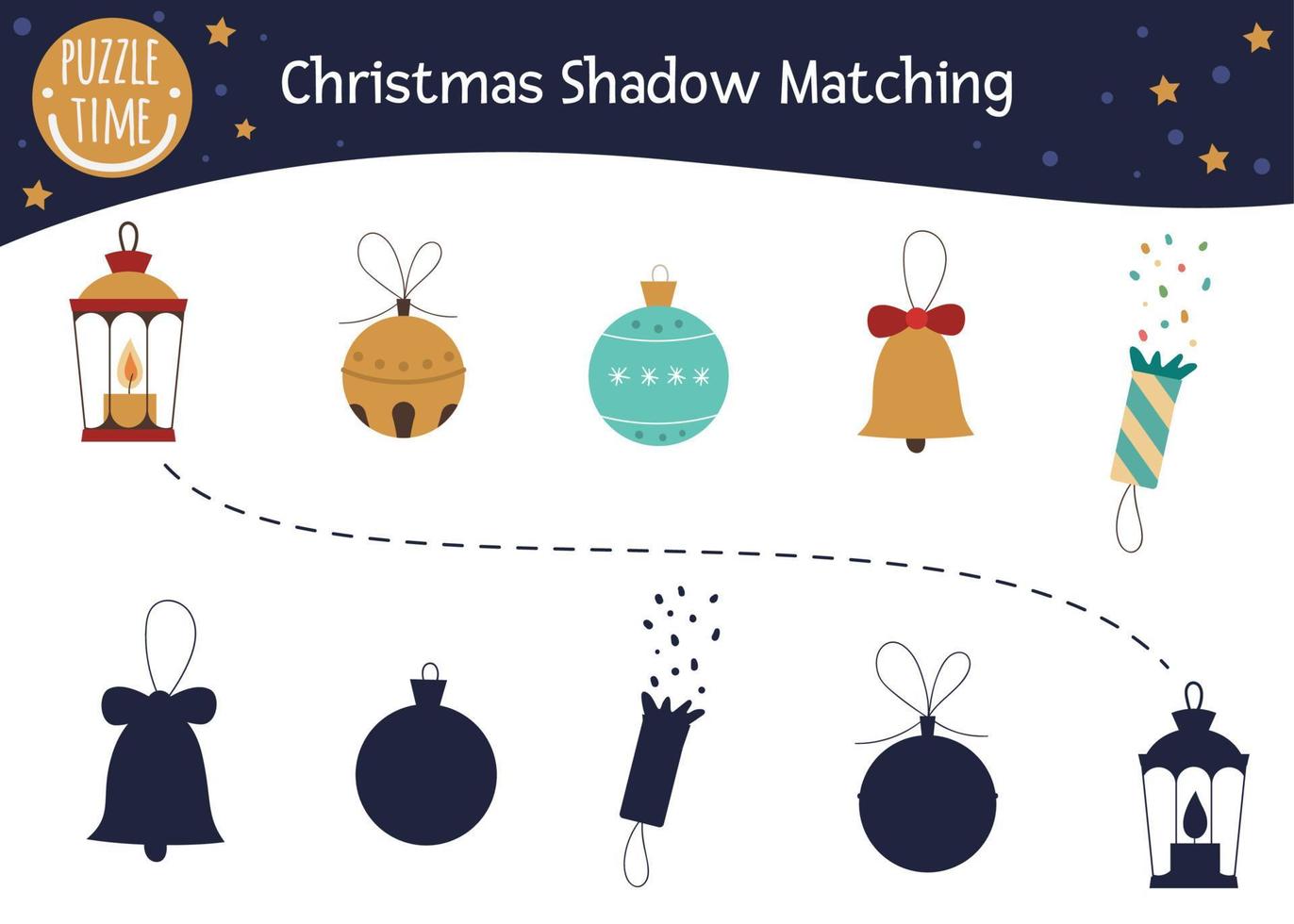 Christmas shadow matching activity for children. Cute funny lantern, Christmas ball, jingle bell, cracker. Find the correct silhouette winter game. vector