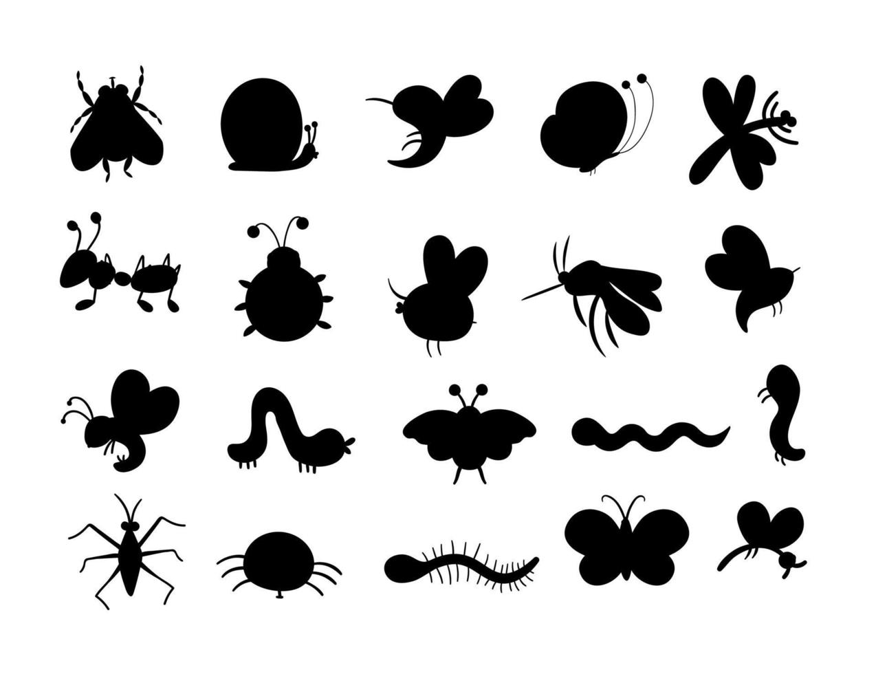 conjunto de siluetas de insectos planos dibujados a mano de vector. colección de bichos divertidos. linda ilustración de bosque con mariposas, abejas, orugas para diseño de niños, impresión, papelería vector