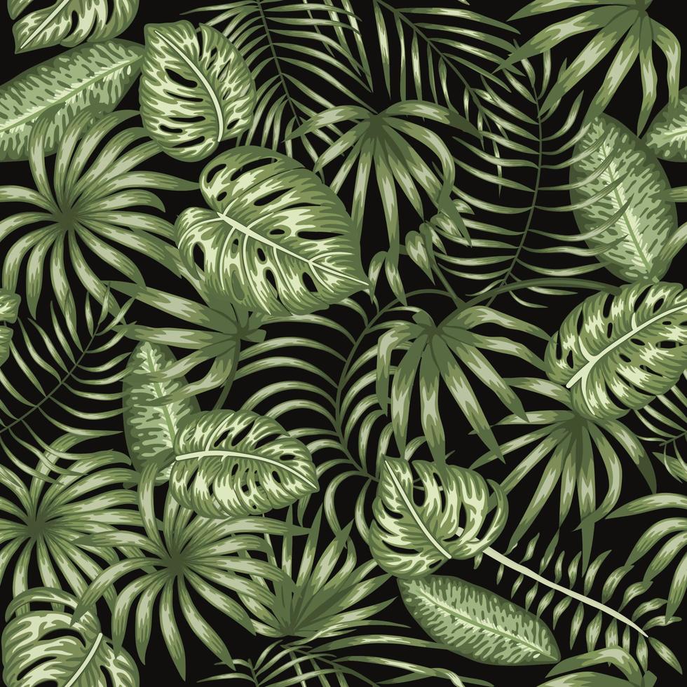 vector sin patrón de follaje tropical sobre fondo negro. verano o primavera repita el telón de fondo tropical vintage con monstera, dieffenbachia, hojas de palmera. adorno de selva exótica