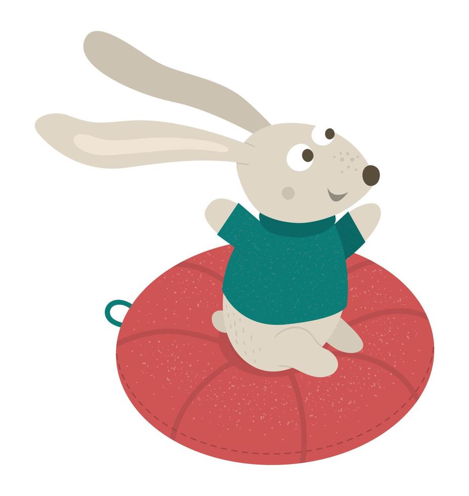 Vector illustration of rabbit in sweater tubing. Cute woodland animal doing winter activities. Funny forest character with tube.