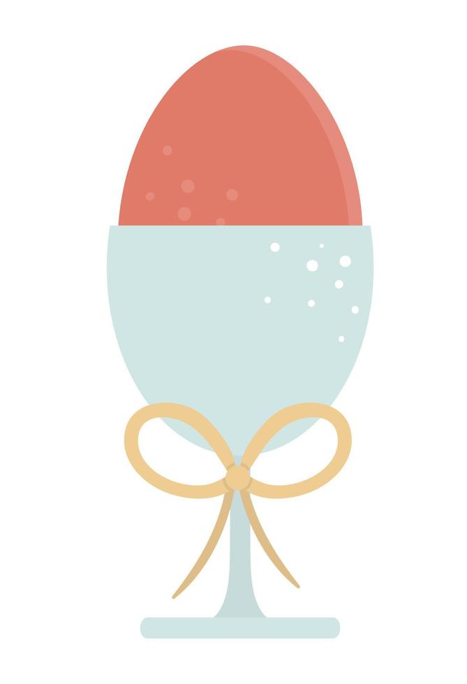 Vector illustration of a colored egg in egg-cup with bow isolated on white background. Easter traditional symbol and design element. Cute spring icon picture.