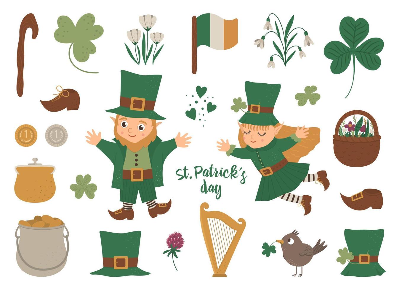 Vector set of St. Patrick Day symbols. National Irish holiday icons isolated on white background. Cute funny flat leprechaun in green clothes with shamrock and traditional objects.