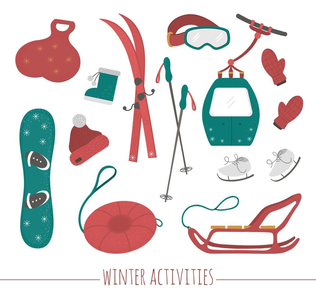 conjunto de equipamiento deportivo para actividades deportivas de invierno. ilustración vectorial de esquís, tubo, trineo, patines, snowboard, ropa. vector