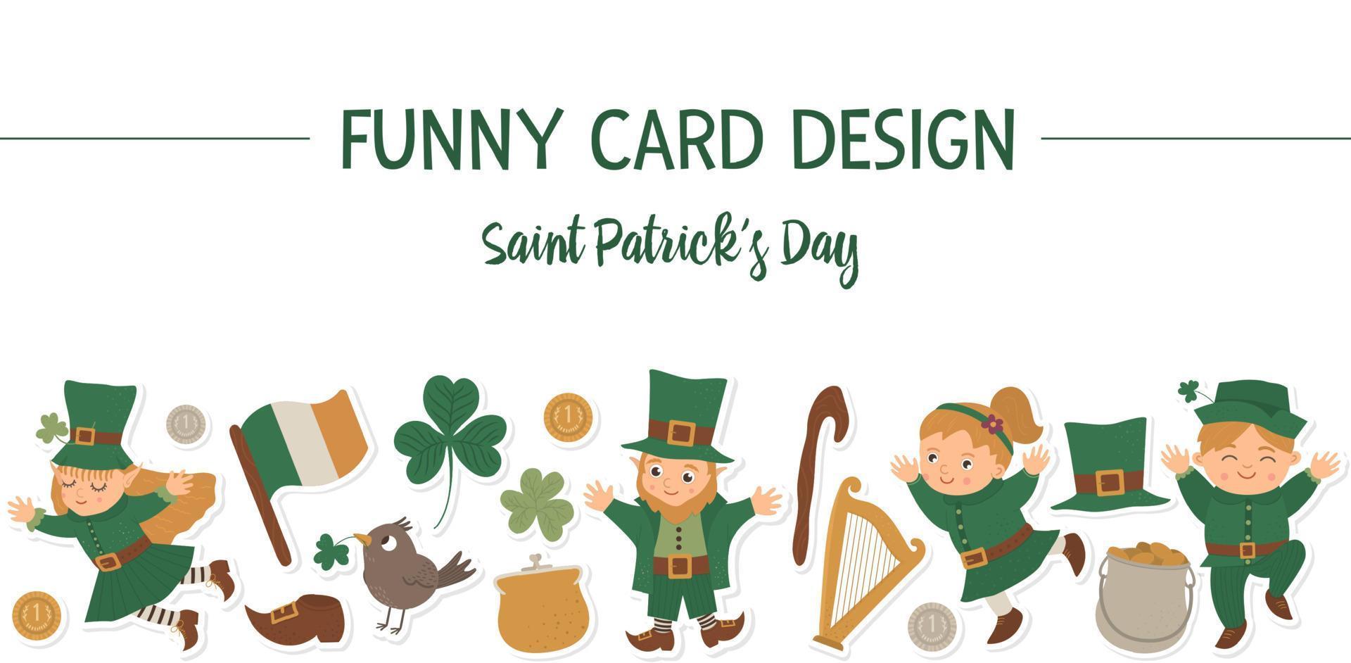 Vector Saint Patrick Day horizontal layout frame border with leprechaun, shamrock stickers isolated on white background. Irish holiday themed banner or invitation with place for text.