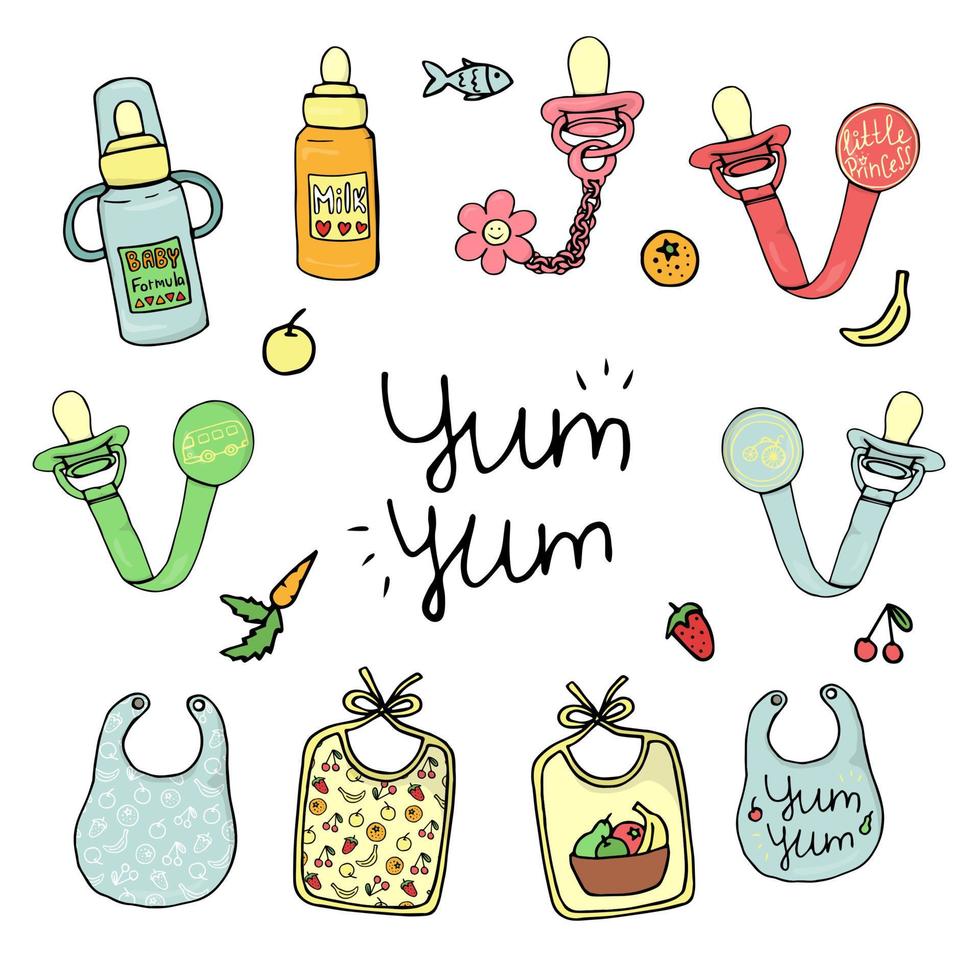 Vector illustration of baby pacifier, bottle, bib. Baby feeding set. Cute children set isolated on white background