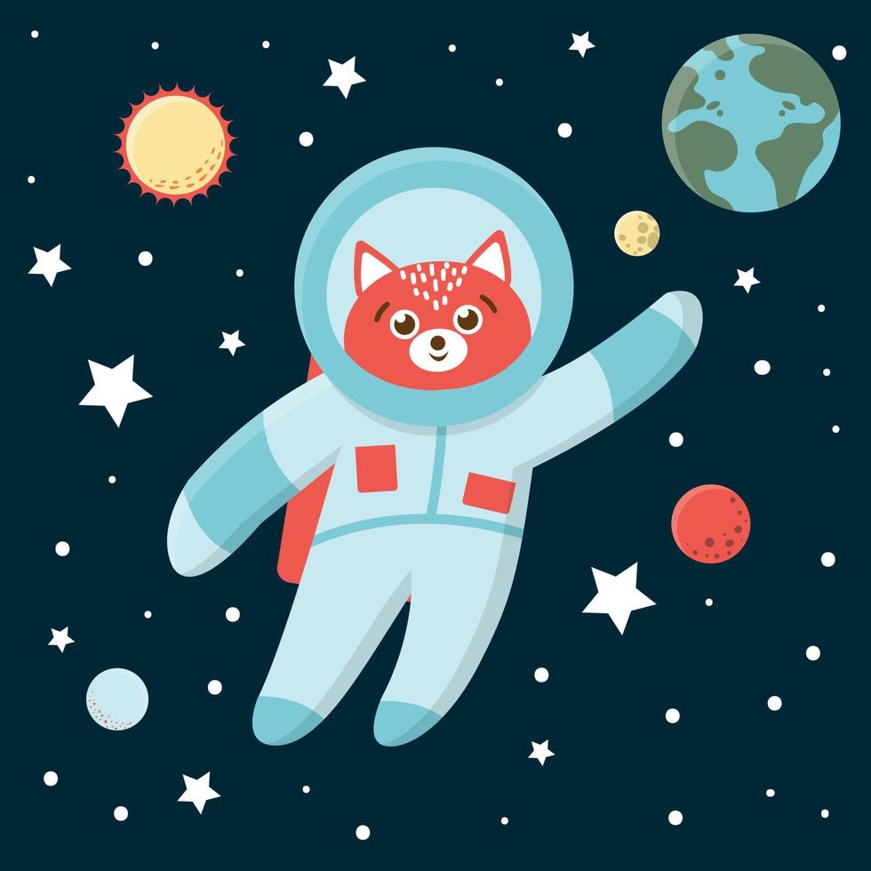 vector zorro astronauta divertido en el espacio con planetas y estrellas. linda ilustración cósmica para niños sobre fondo azul