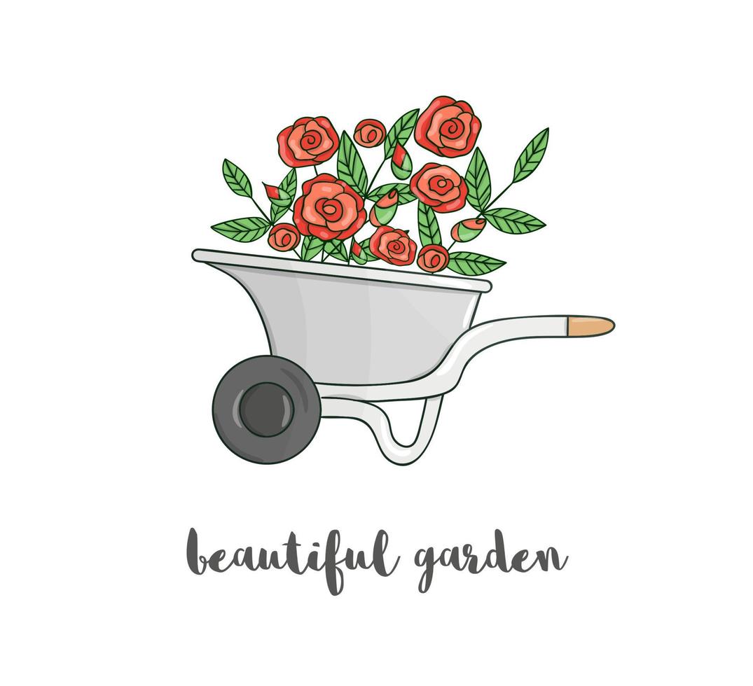 Vector illustration of colorful garden wheel barrow with flowers. Cartoon style spring or summer picture isolated on white background. Gardening themed concept.