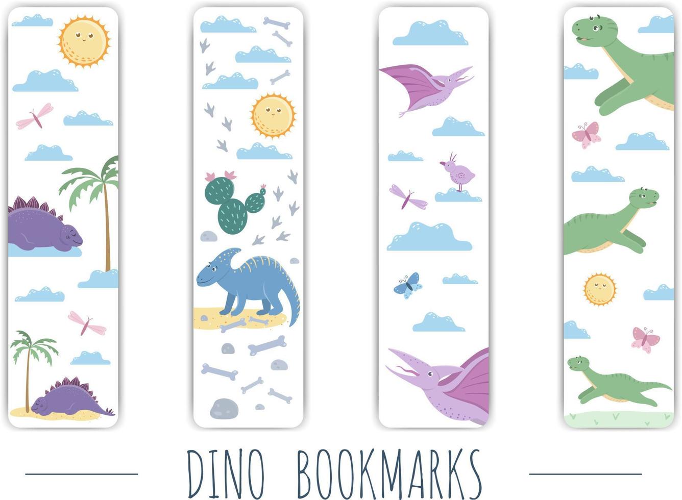 Vector set of cute bookmarks with cute colorful dinosaurs. Sweet vertical stationery templates for children. Funny prehistoric reptiles illustration for children
