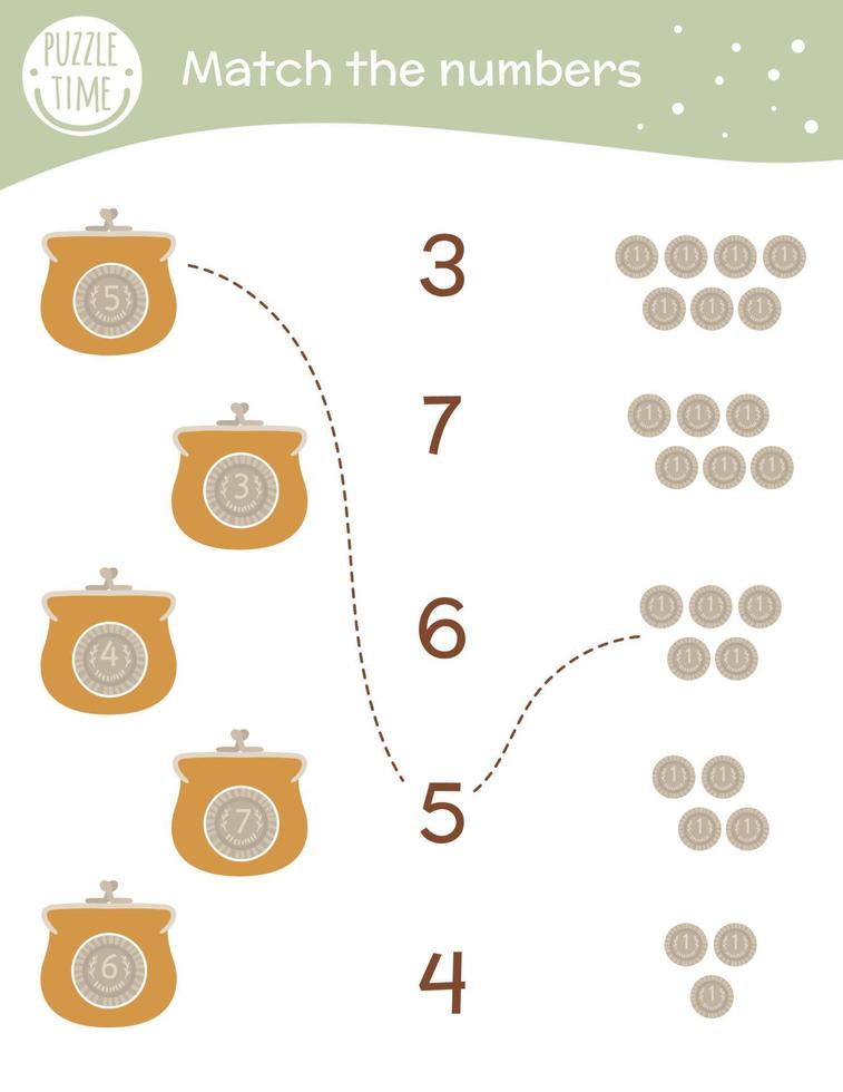 Matching game with coins and purse. Saint Patrick Day math activity for preschool children. Money counting worksheet. Educational riddle with cute funny elements. vector