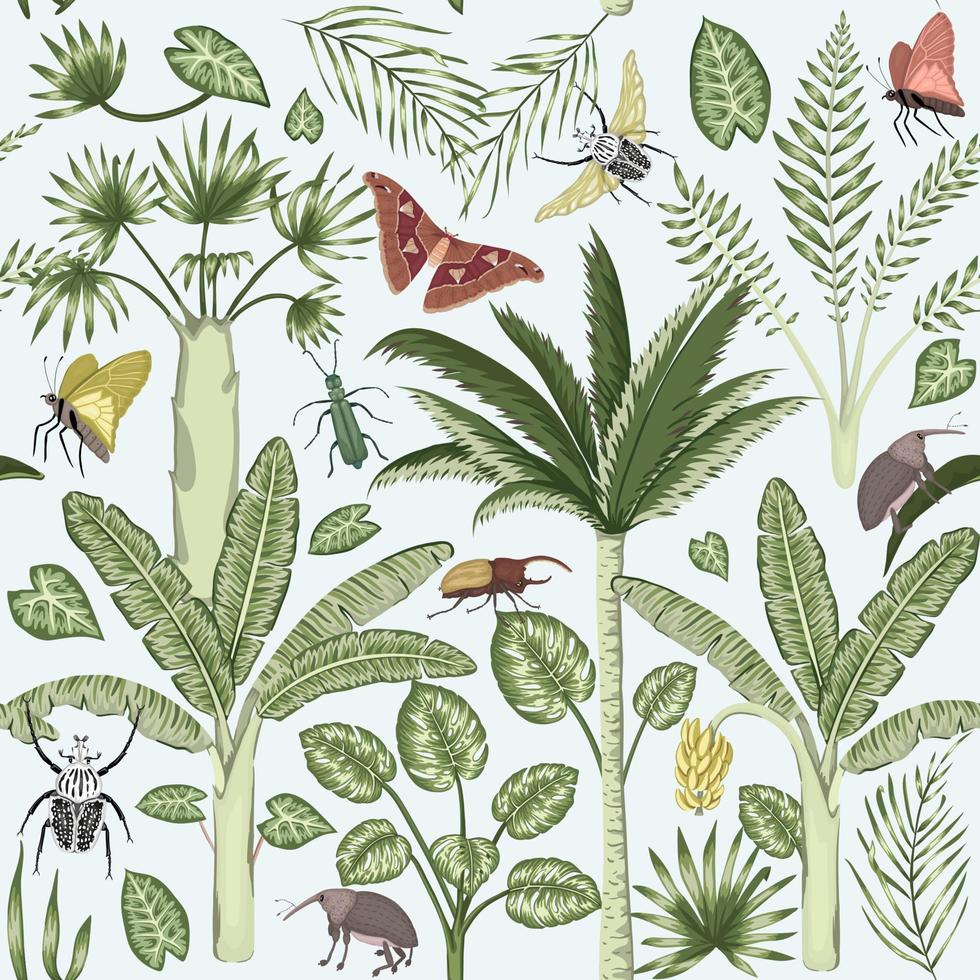 Vector seamless pattern with tropical plants and insects. Vintage summer cute repeat backdrop. Exotic jungle wallpaper