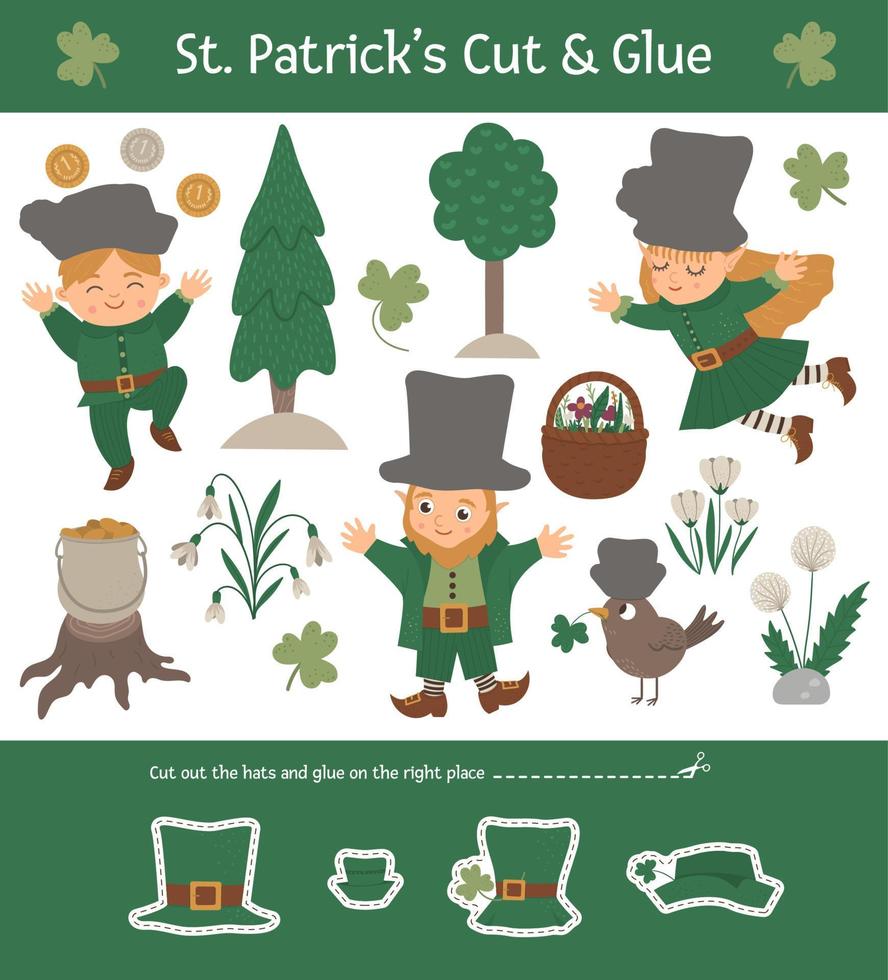 Vector Saint Patrick Day cut and glue for children. Spring holiday educational activity with smiling leprechaun, fairy, bird, boy in the forest