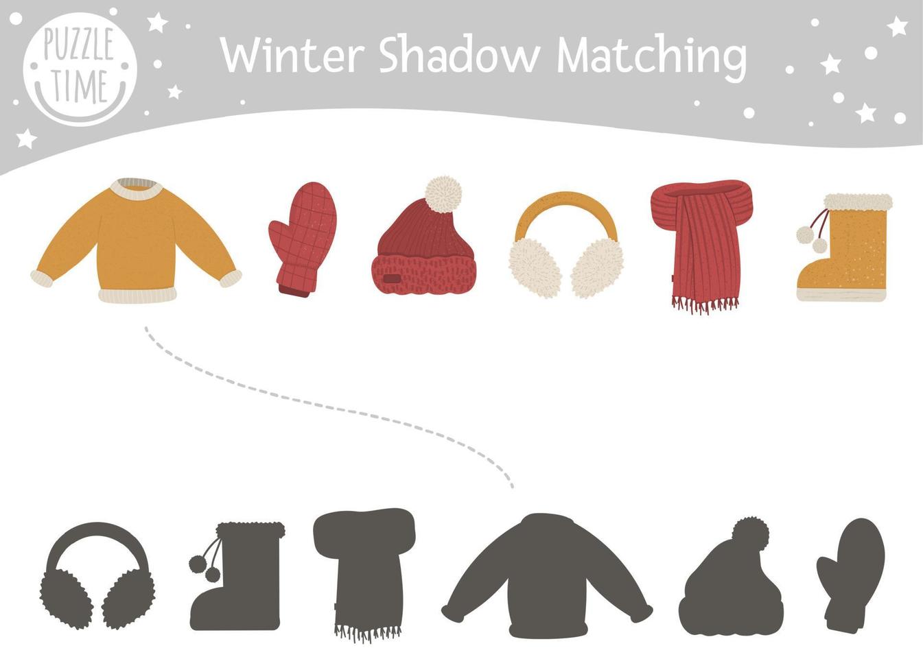 Winter shadow matching activity for children with warm clothes. Cute funny sweater, mitten, hat, earmuffs, scarf, boot. Find the correct silhouette game. vector