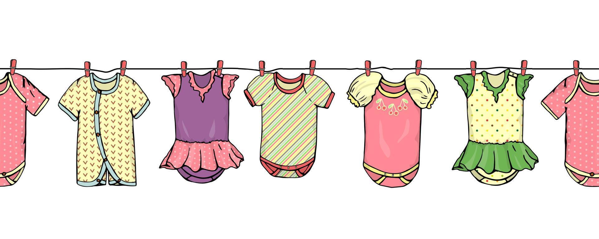 Vector seamless border pattern of baby clothes on washing line. Bright children clothes repeat pattern. Vector seamless horizontal background suitable for websites