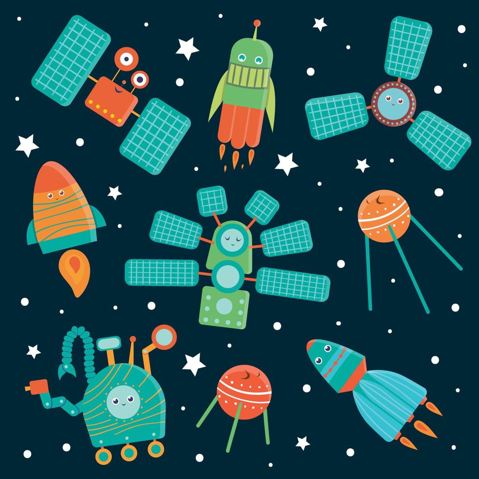 vector conjunto de técnicas espaciales para niños. Ilustración plana brillante y linda de nave espacial, cohete, satélite, estación espacial, rover sobre fondo azul oscuro