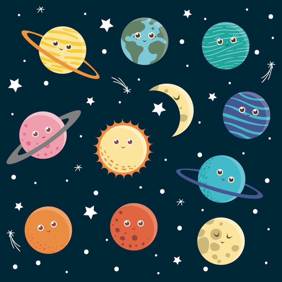 Vector set of planets for children. Bright and cute flat illustration of smiling Earth, Sun, Moon, Venus, Mars, Jupiter, Mercury, Saturn, Neptun on dark blue background. Space picture for kids.