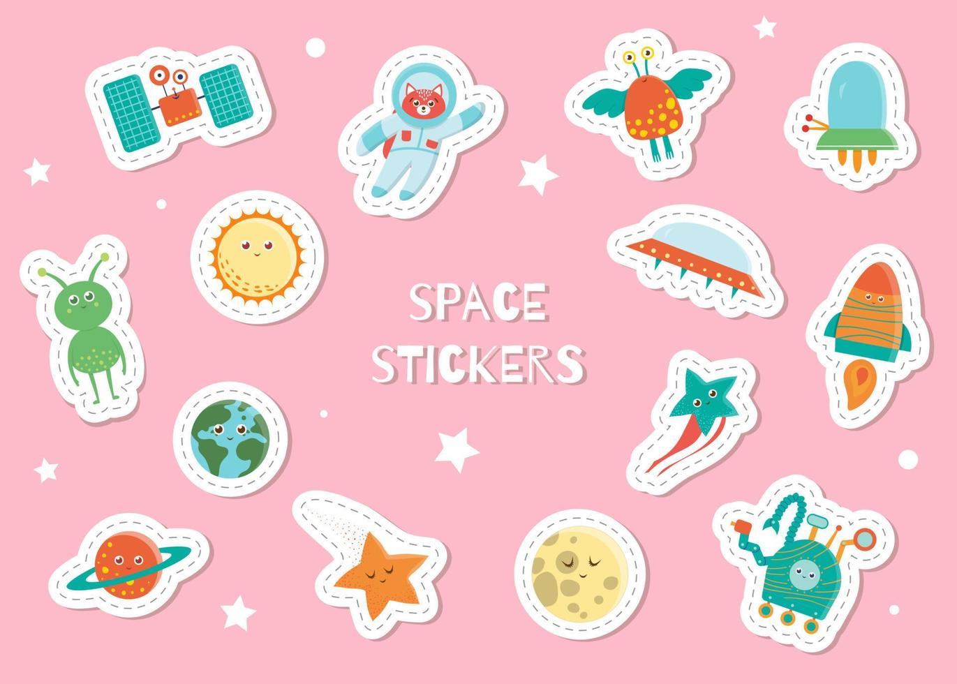 Cute space stickers for children on pink background. Bright flat illustration of satellite, astronaut, alien, sun, planet, earth, star, moon, UFO, rover, rocket. Cosmic smiling characters for kids vector