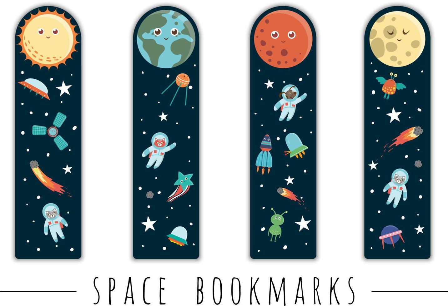 vector conjunto de marcadores para niños con tema del espacio exterior. lindos planetas sonrientes, astronauta, nave espacial, cohete, extraterrestre sobre fondo azul oscuro. Plantillas de tarjetas de diseño vertical. papelería para niños.