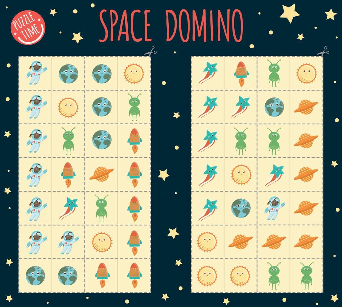 dominó espacial para niños. juego de mesa con planeta, tierra, sol, cohete, extraterrestre, ovni, estrella. actividad de emparejamiento para la educación temprana vector