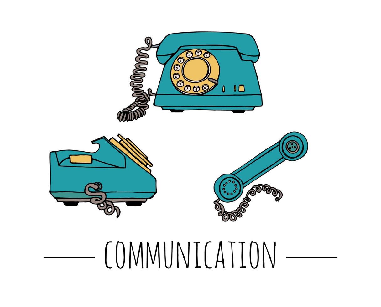 Vector vintage telephone set. Retro illustration of wired rotary dial telephone. Old means of communication
