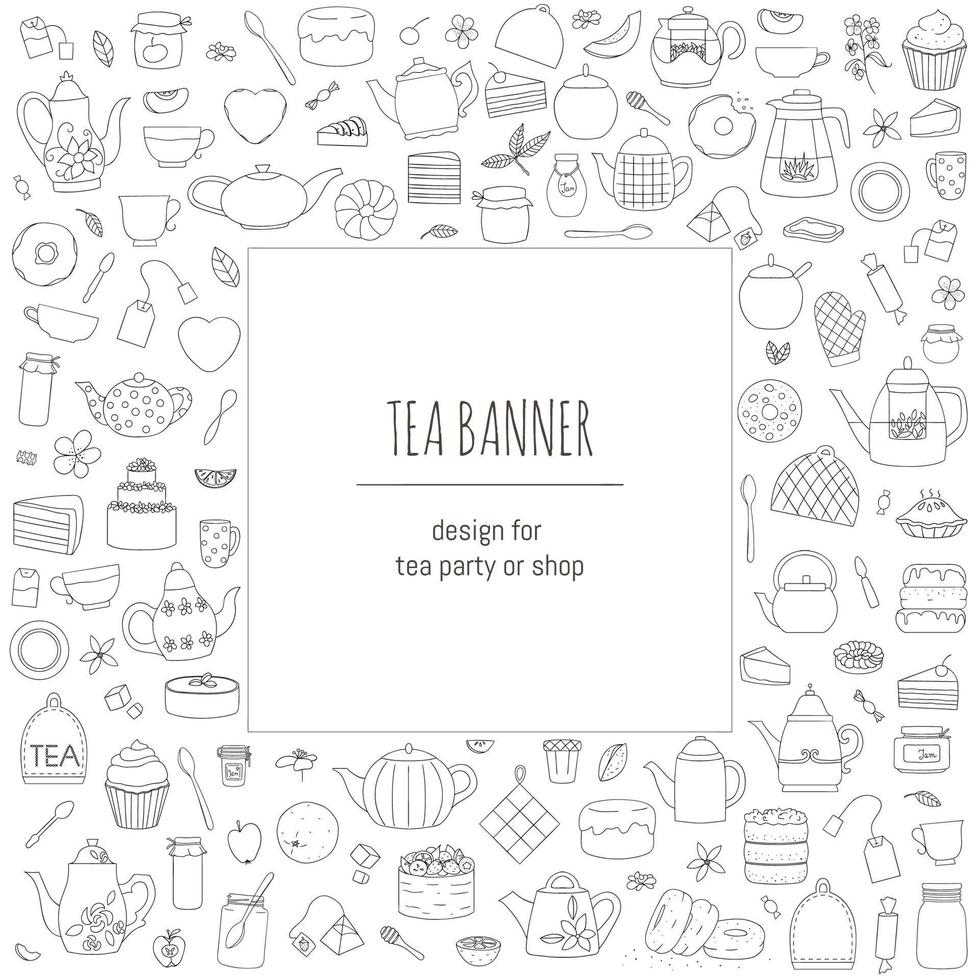 Vector illustration of black and white teapots, pies, sweets, cakes. Line art tea set. Tea themed concept. Frame with kettles and kitchen equipment