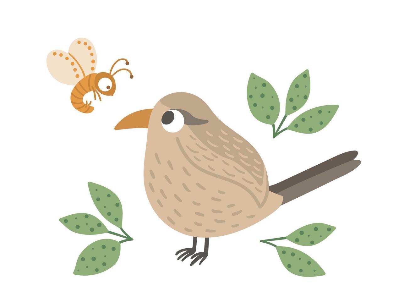 Vector hand drawn flat wren with leaves and insect. Funny woodland bird icon. Cute forest animalistic illustration for children design