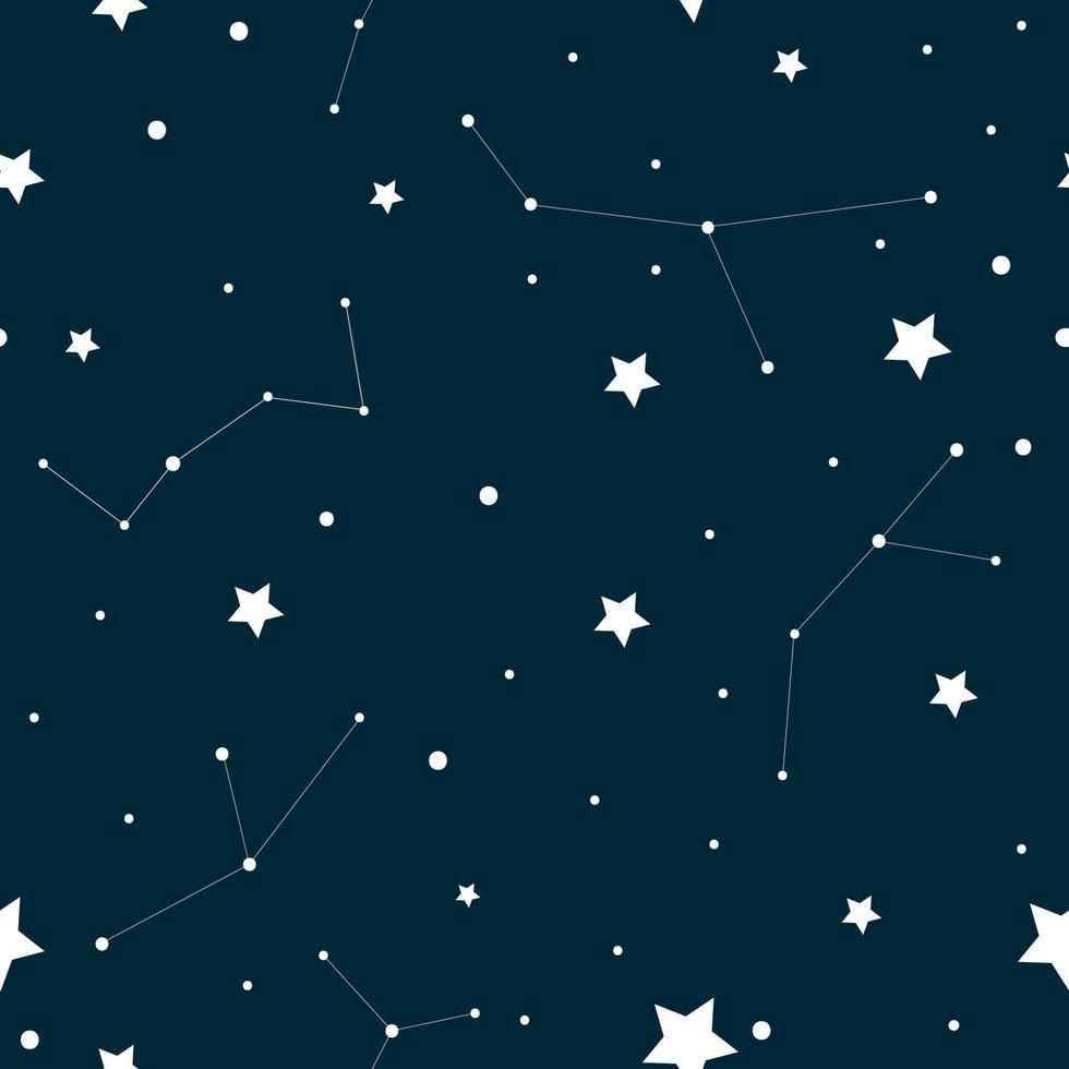 Vector seamless pattern with white stars and constellations. Black and white space repeat background.