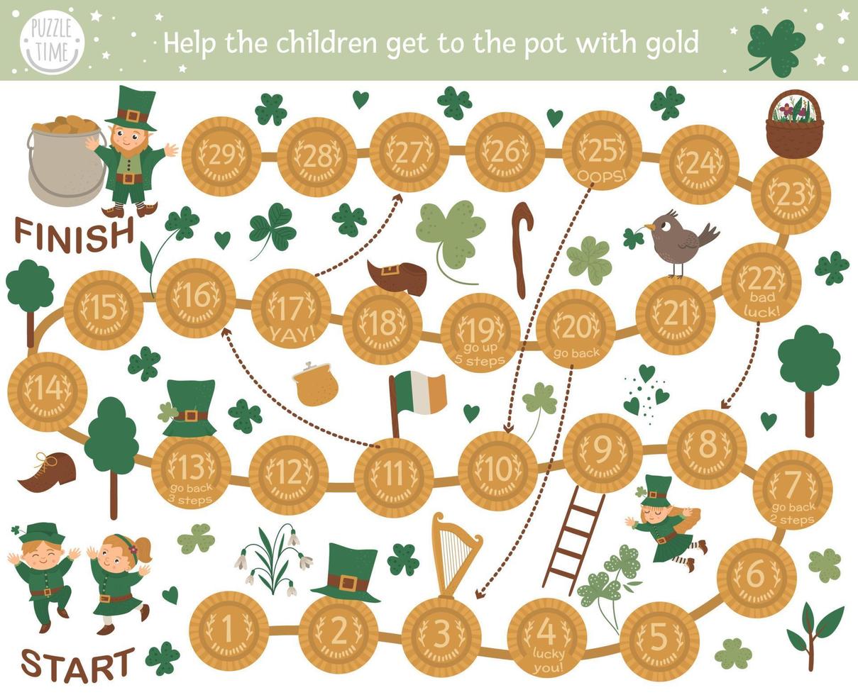 Saint Patrick Day adventure board game for children with sports and activities. Educational spring holiday boardgame. Help the children get to the pot with gold. vector