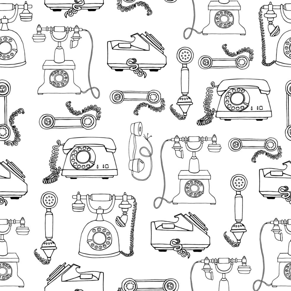 Old vintage telephone background. Vector seamless pattern of retro phones. Repeat backdrop of black telephones isolated on white background