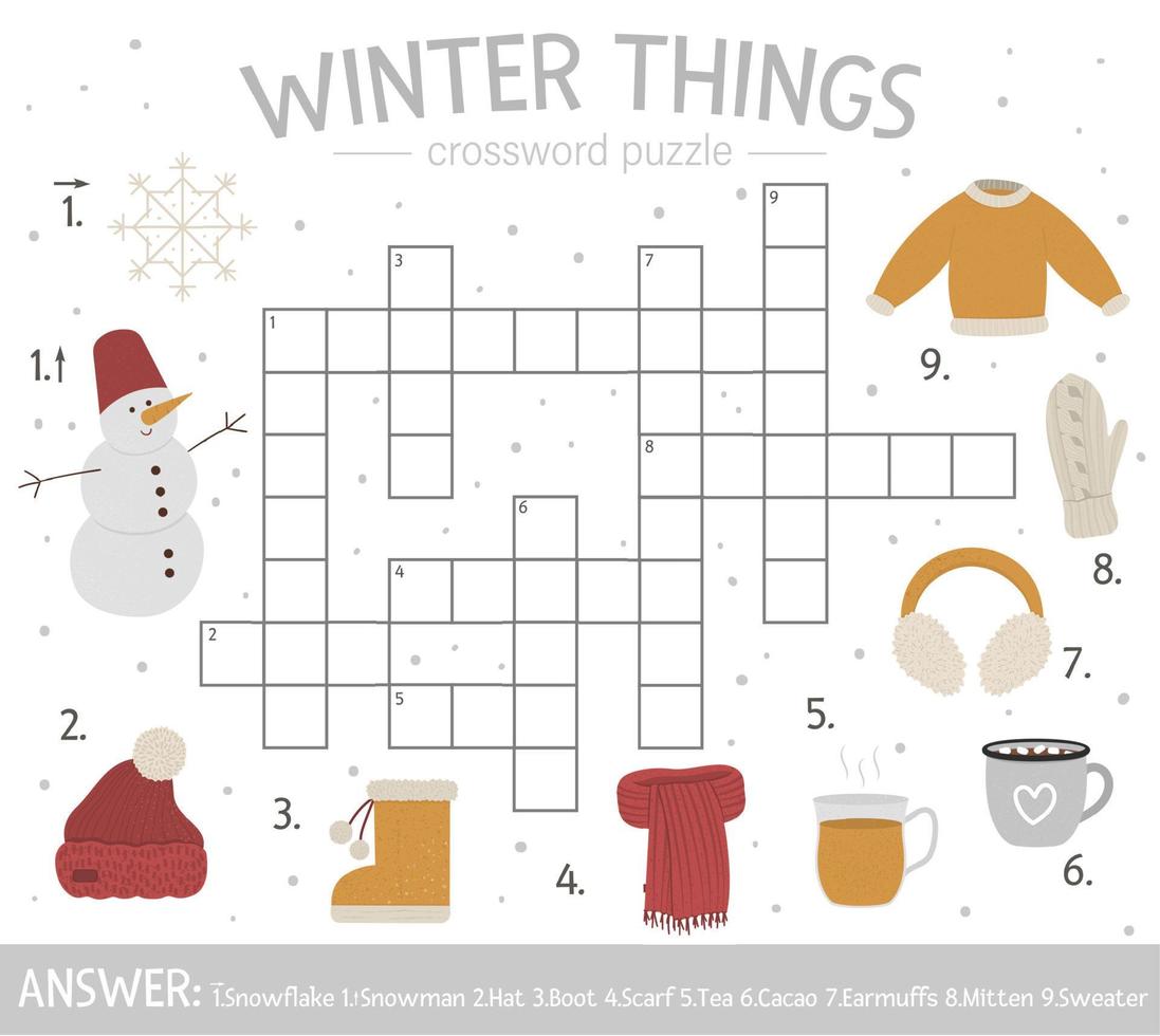 Vector winter things crossword puzzle. Bright and colorful winter quiz for children. Educational activity with cold season elements.