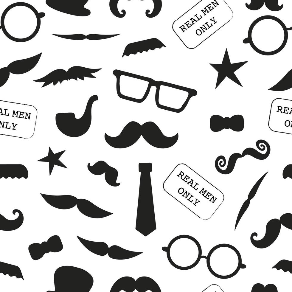 Vector seamless pattern of photo booth props. Repeating background of moustache, glasses, pipe, hat, bow, tie for holiday or party. Moustache season backdrop. Real men background for father day