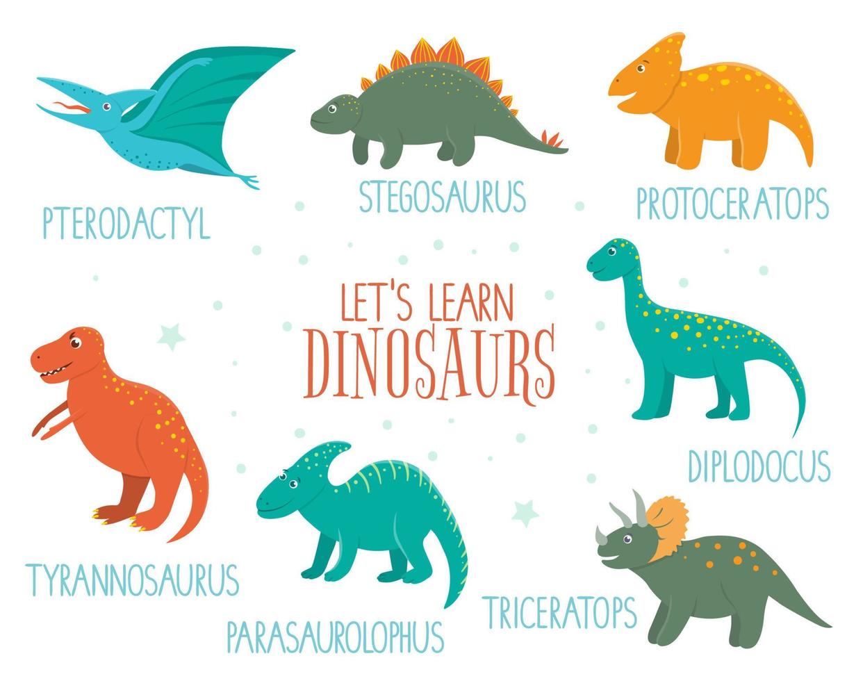 vector conjunto de dinosaurios lindos con nombres aislados sobre fondo  blanco. divertidos personajes de dinosaurios planos. linda ilustración de  reptiles prehistóricos 4299324 Vector en Vecteezy