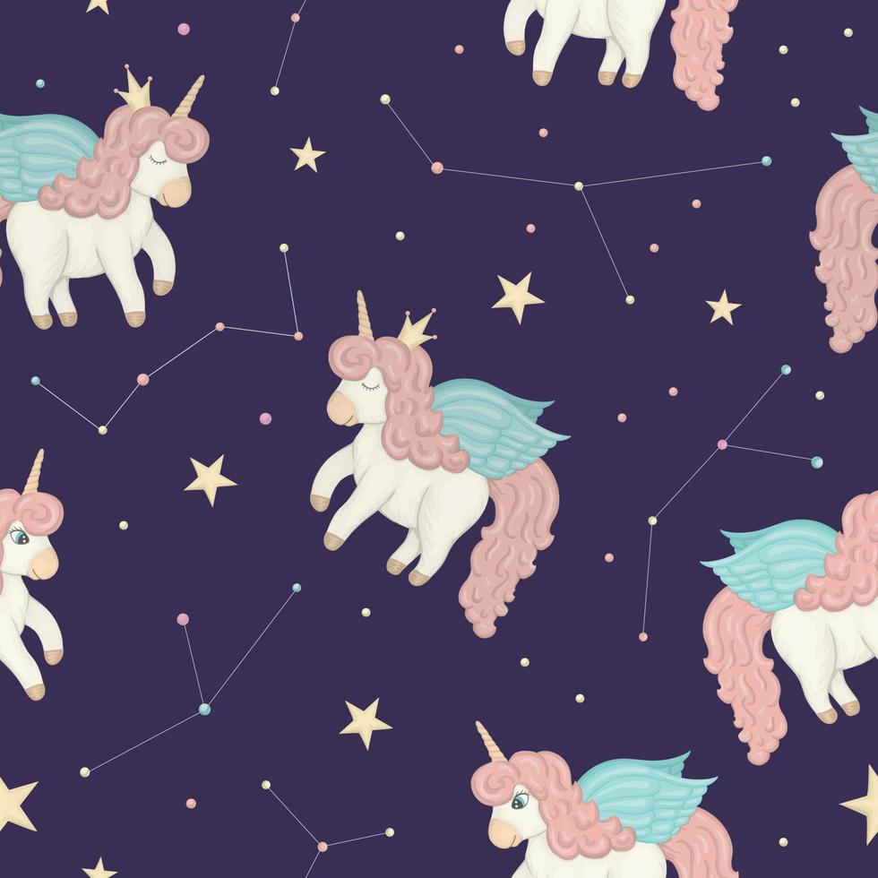 Vector seamless pattern with cute watercolor style unicorns on night sky with stars and constellations. Sweet girlish illustration on dark purple background. Fairytale repeat background