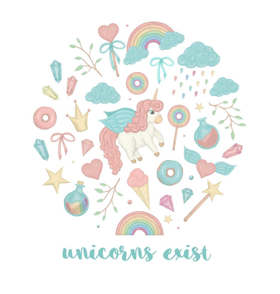 Vector set of cute watercolor style unicorn, rainbow, clouds, donuts, crown, crystals, hearts. Sweet girlish illustration framed in circle. Fairytale theme. Good for textile, stationery