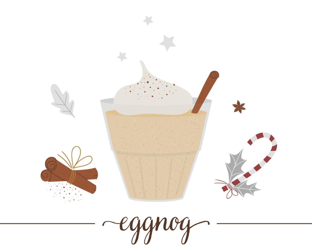 Vector illustration of eggnog isolated on white background. Winter traditional drink. Holiday hot beverage with eggs, sugar, anise, cinnamon.