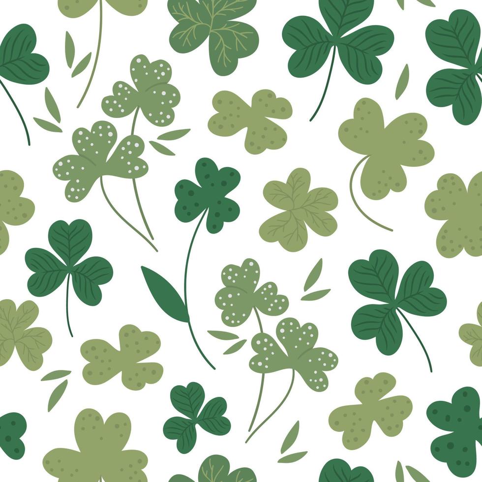 Vector seamless pattern with flat shamrock leaves. Cute spring background. Saint Patrick day symbol. Irish national holiday concept. Green plant texture.