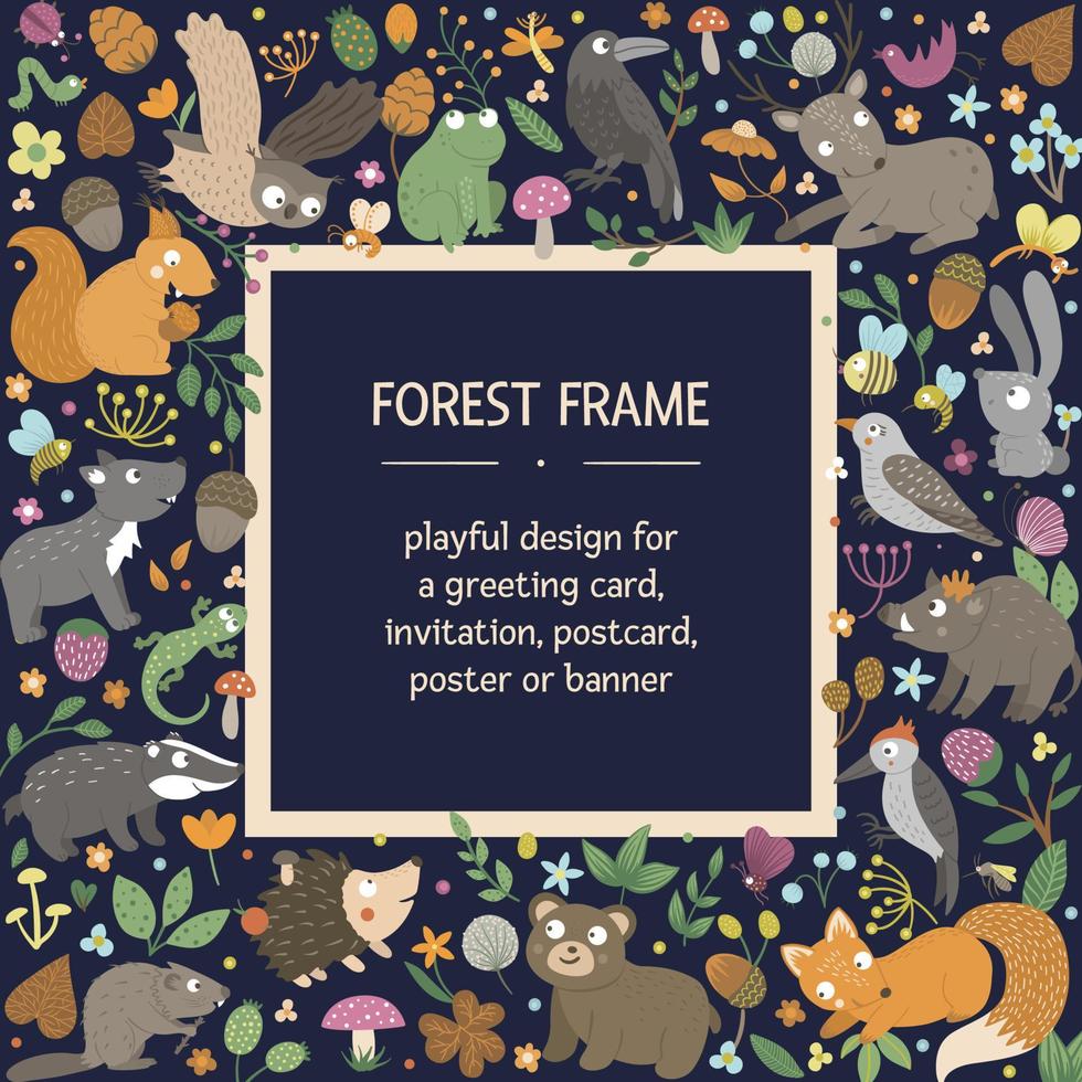 Vector square layout frame with animals and forest elements on black background. Natural themed banner. Cute funny woodland card template.