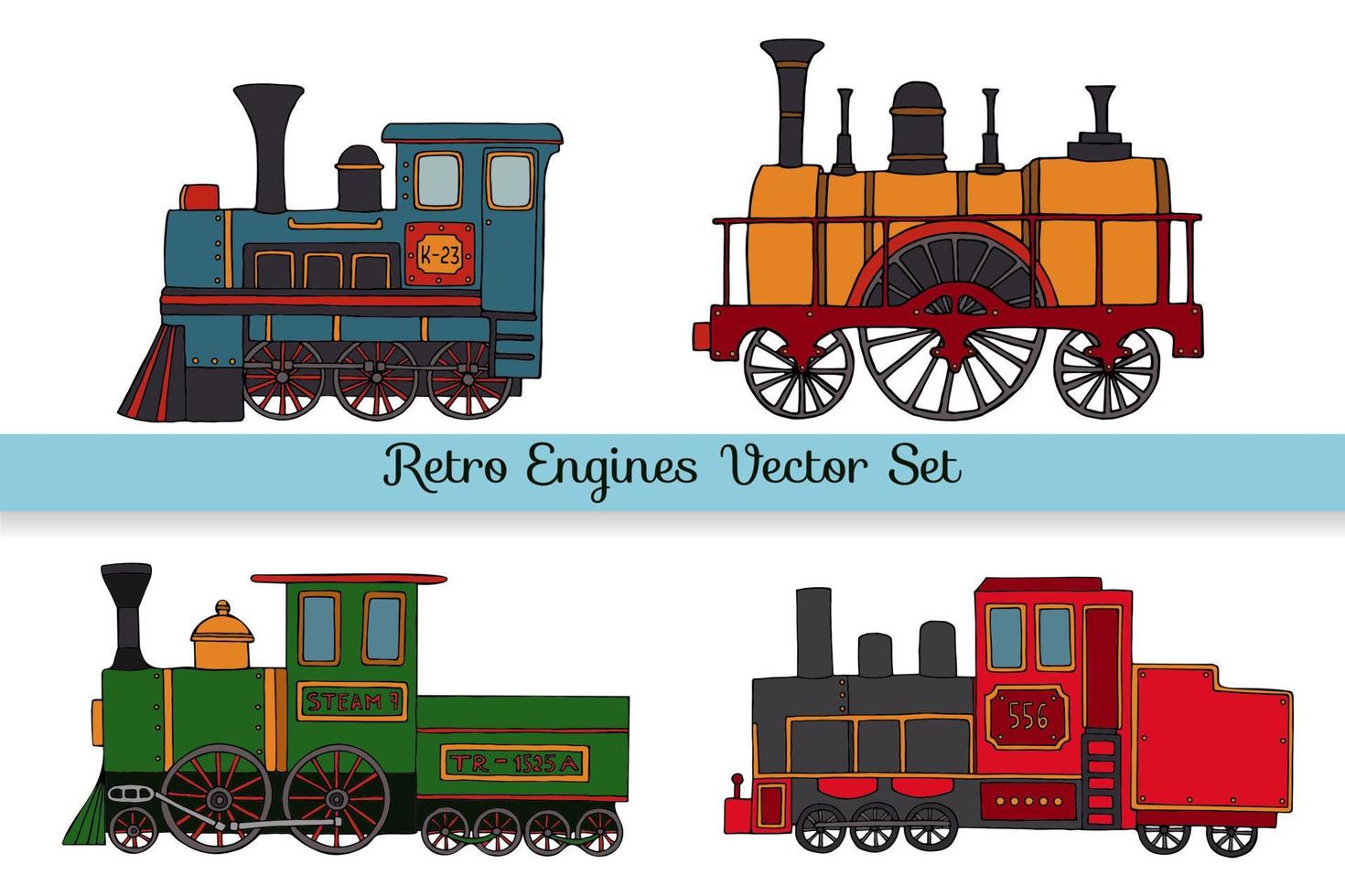 Vector set of retro engines. Collection of vintage trains isolated on white background. Cartoon style illustration of old trains for children