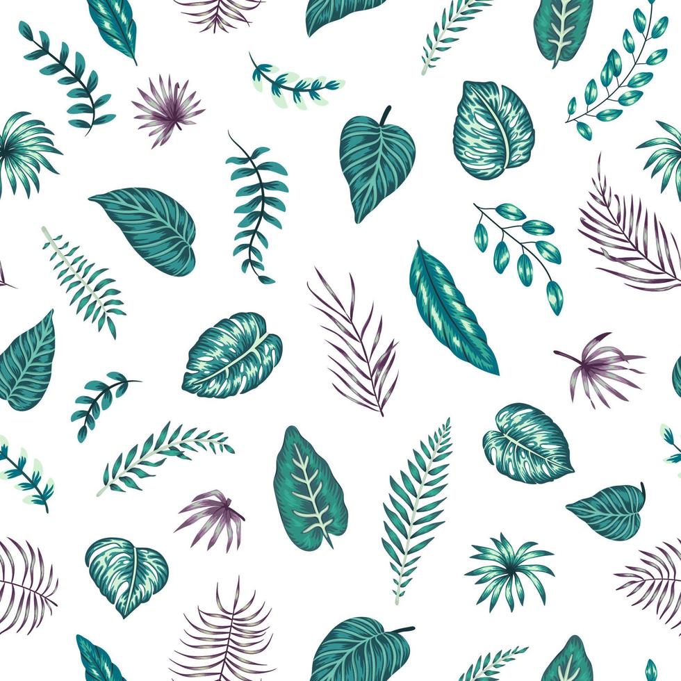 Vector seamless pattern with green and purple tropical leaves on white background. Summer repeat exotic backdrop. Jungle ornament.