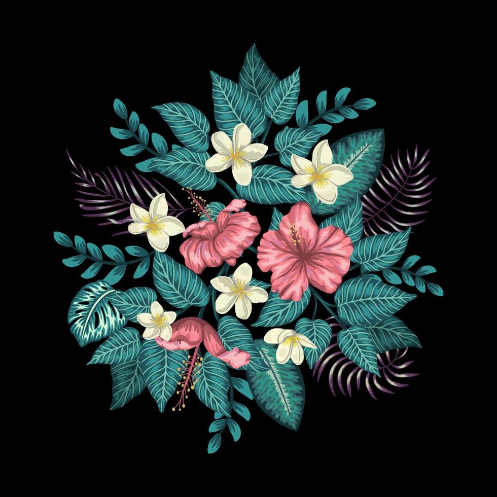 vector composición tropical de hibisco rosa, plumeria blanco, monstera y hojas de palma aisladas sobre fondo negro. Elementos de diseño exóticos de estilo acuarela realista brillante.