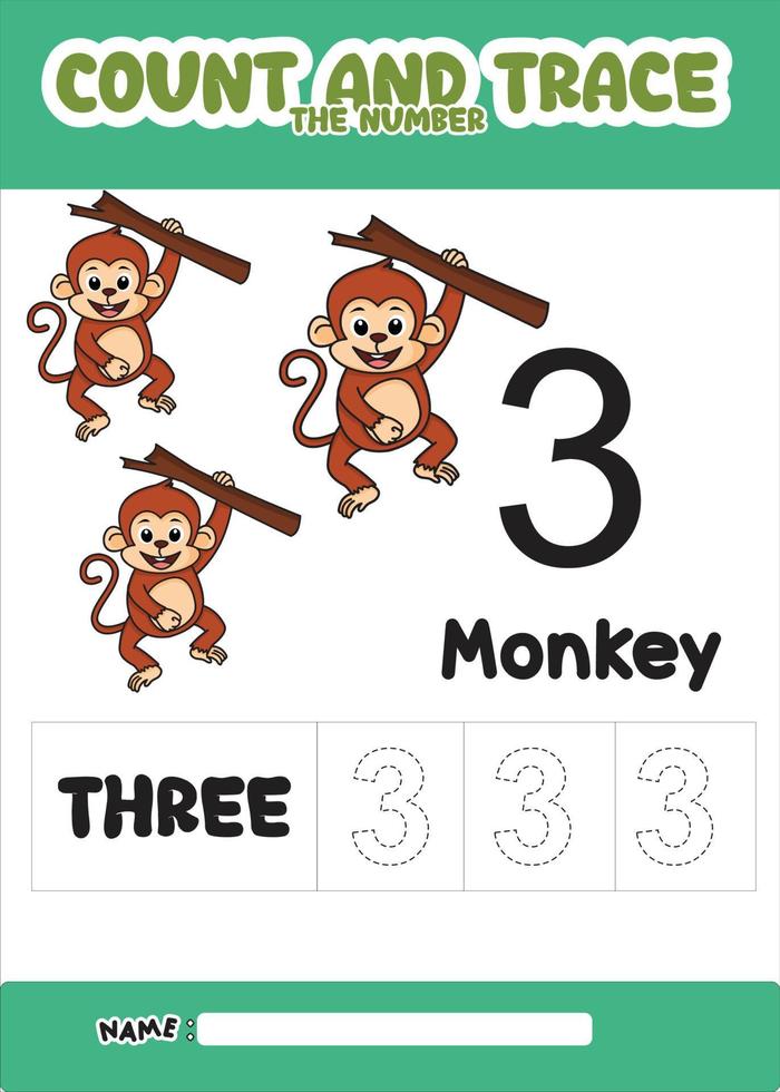 number trace and color monkey number 3 vector