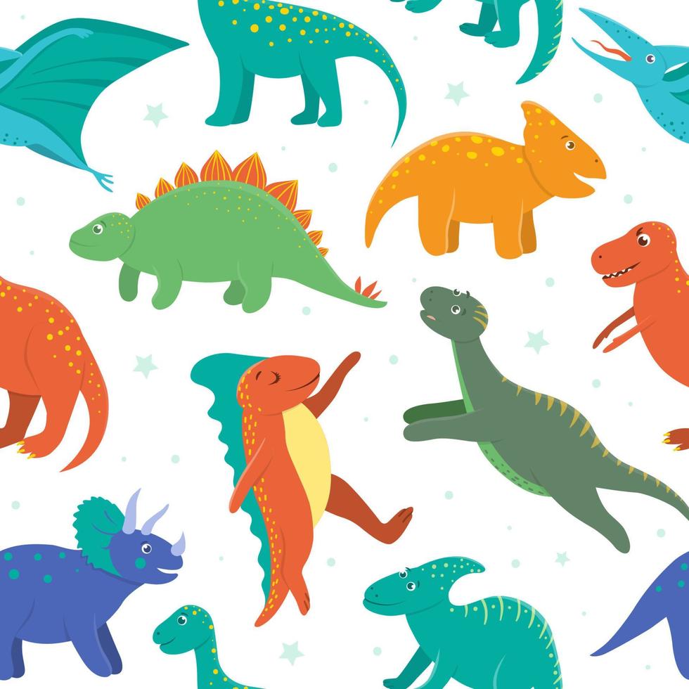 Vector seamless pattern with cute dinosaurs on white background. Funny flat dino characters background. Cute prehistoric reptiles illustration