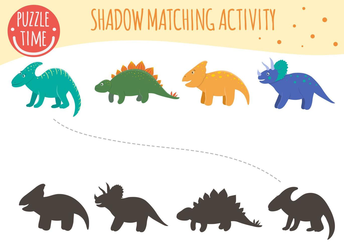 Shadow matching activity for children. Dinosaur topic. Cute funny smiling dinos. vector