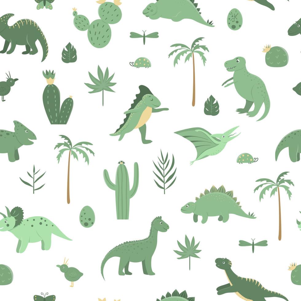 Patrón transparente de vector con lindos dinosaurios verdes con palmeras, cactus, piedras, huellas, huesos para niños. Fondo de personaje de dibujos animados plano de Dino. linda ilustración de reptiles prehistóricos.