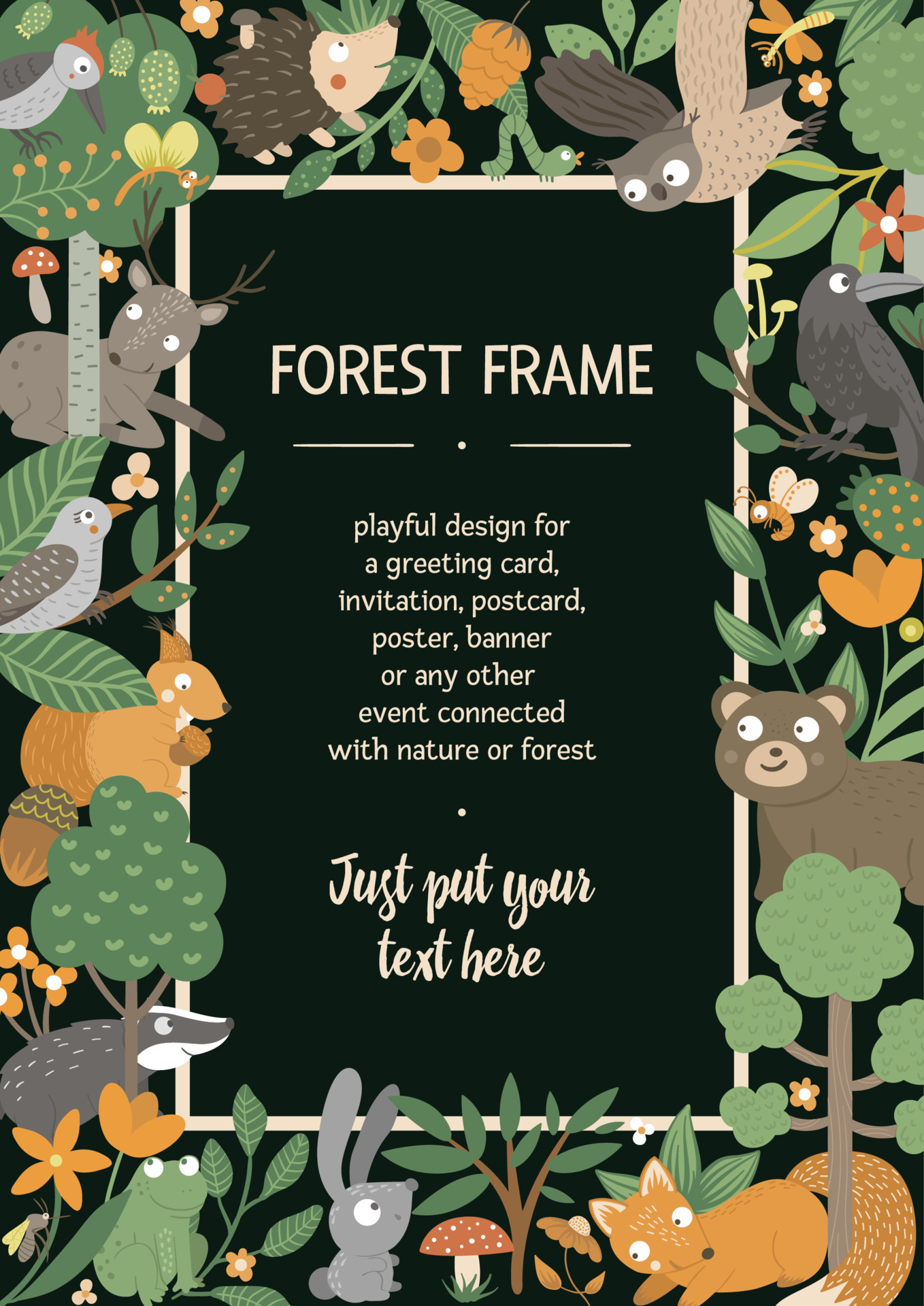Vector vertical layout frame with animals and forest elements on black  background. Portrait orientation natural themed banner. Cute funny woodland  card template. 4299431 Vector Art at Vecteezy