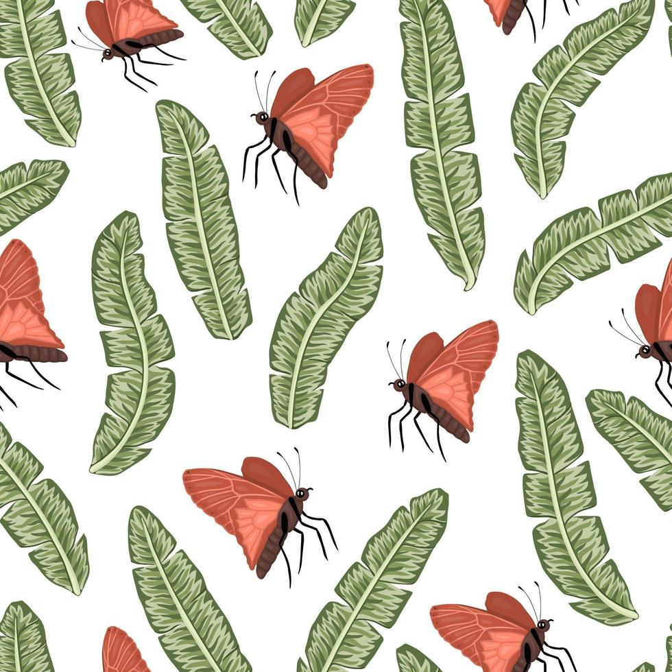Vector seamless pattern of green banana leaves with butterflies on white background. Vintage repeat tropical backdrop. Exotic jungle wallpaper