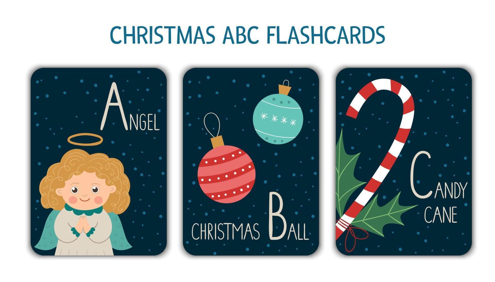 letras del alfabeto de colores a, b, c. flashcard fonética. lindas tarjetas abc navideñas para enseñar a leer con un ángel divertido, una bola navideña y un bastón de caramelo. actividad festiva de año nuevo. vector