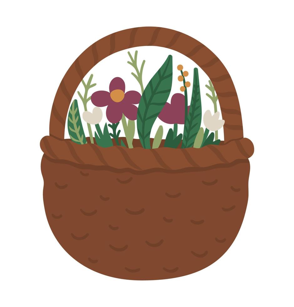 Vector flat funny flower basket. Cute spring illustration. Forest or woodland icon isolated on white background.