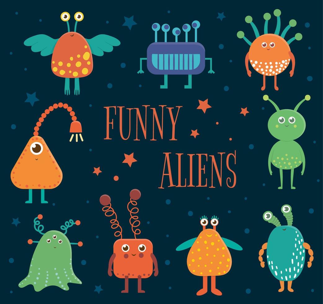 vector conjunto de extraterrestres lindos para niños. Ilustración plana brillante y divertida de criaturas extraterrestres sonrientes sobre fondo azul.