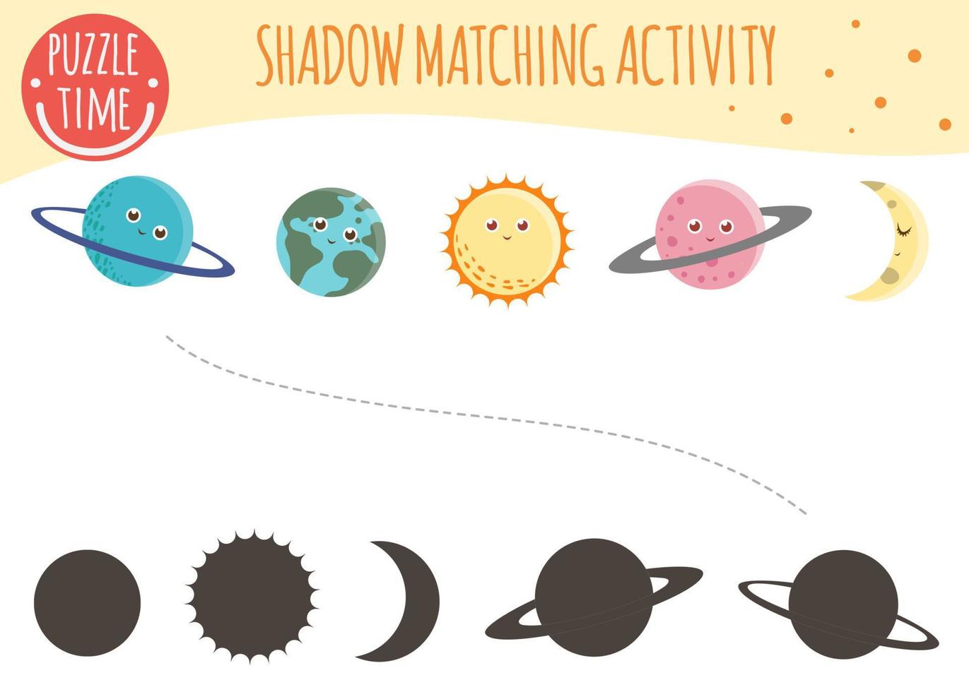 Shadow matching activity for children. Space topic. Cute funny planets. vector