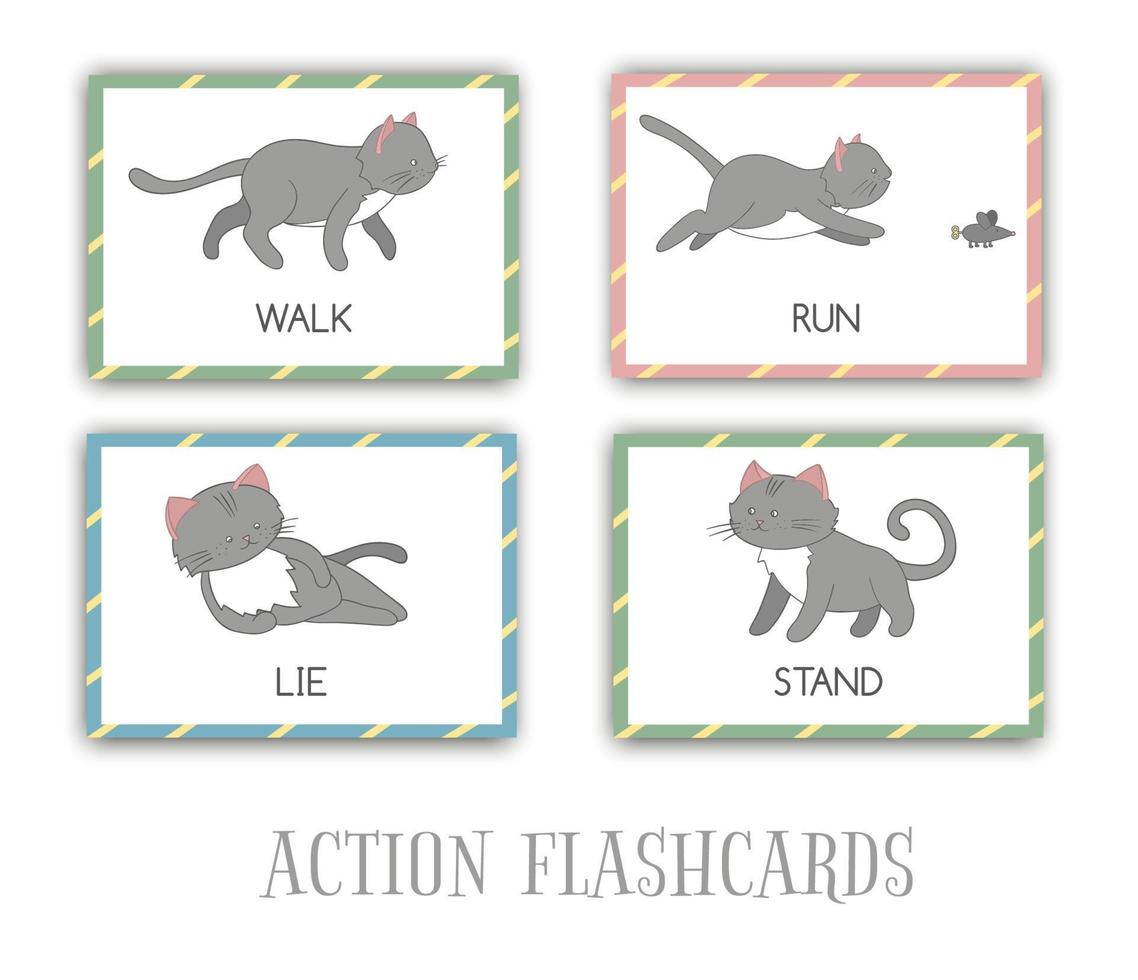 Vector set of actions flash cards with cat. Cute character standing, running, walking, lying. Cards for early learning.